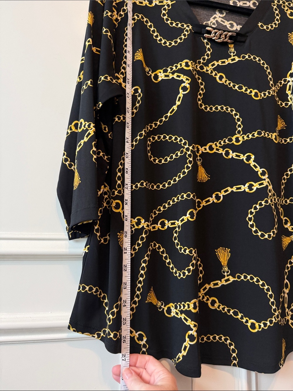 Susan Graver Black Long-Sleeve V-Neck Top with Gold Chain Print - Picture 5 of 6